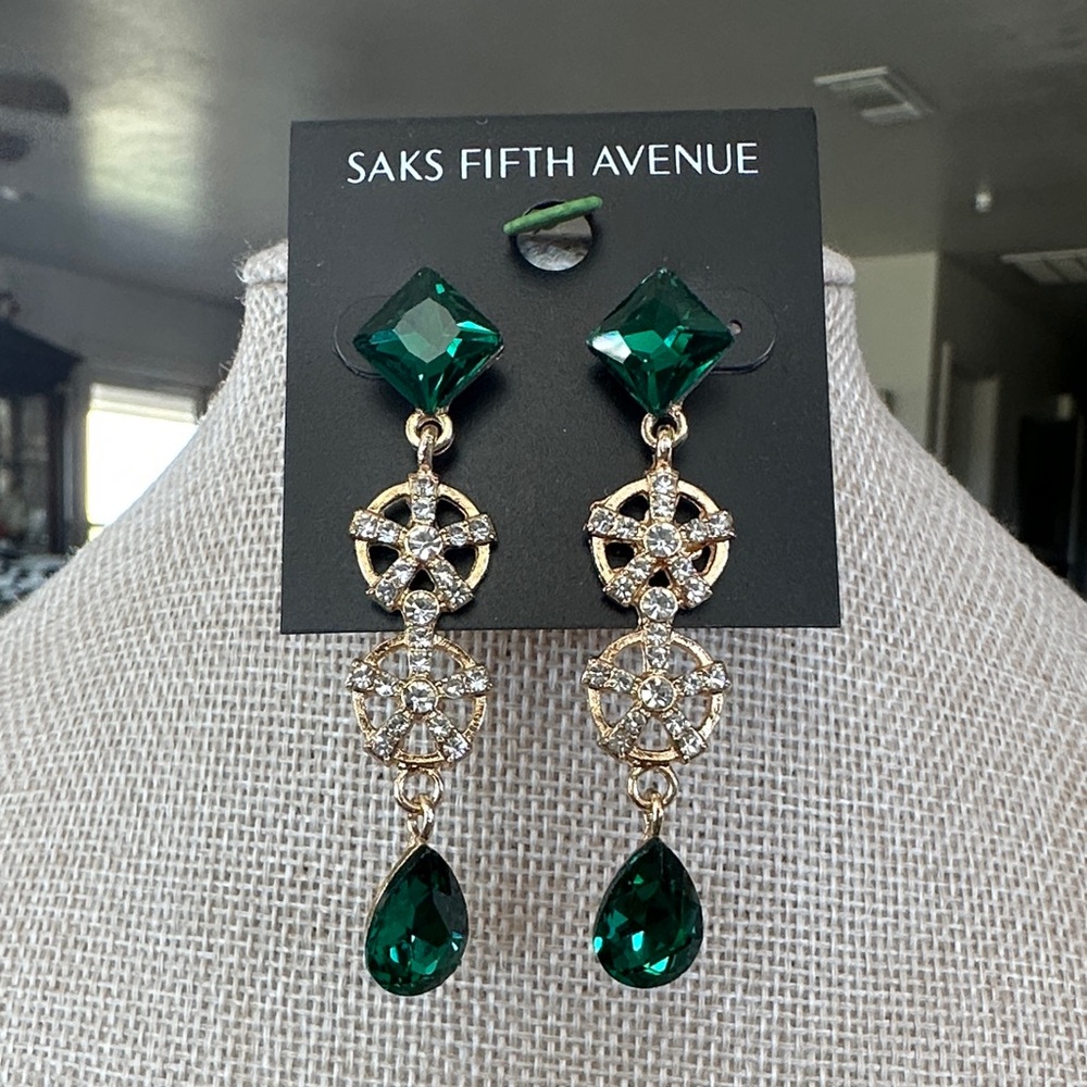 Saks Fifth Avenue Emerald and Gold Statement Earrings